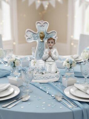 First Communion Praying Boy with Blue Cross Figurine Favor Religious Gift